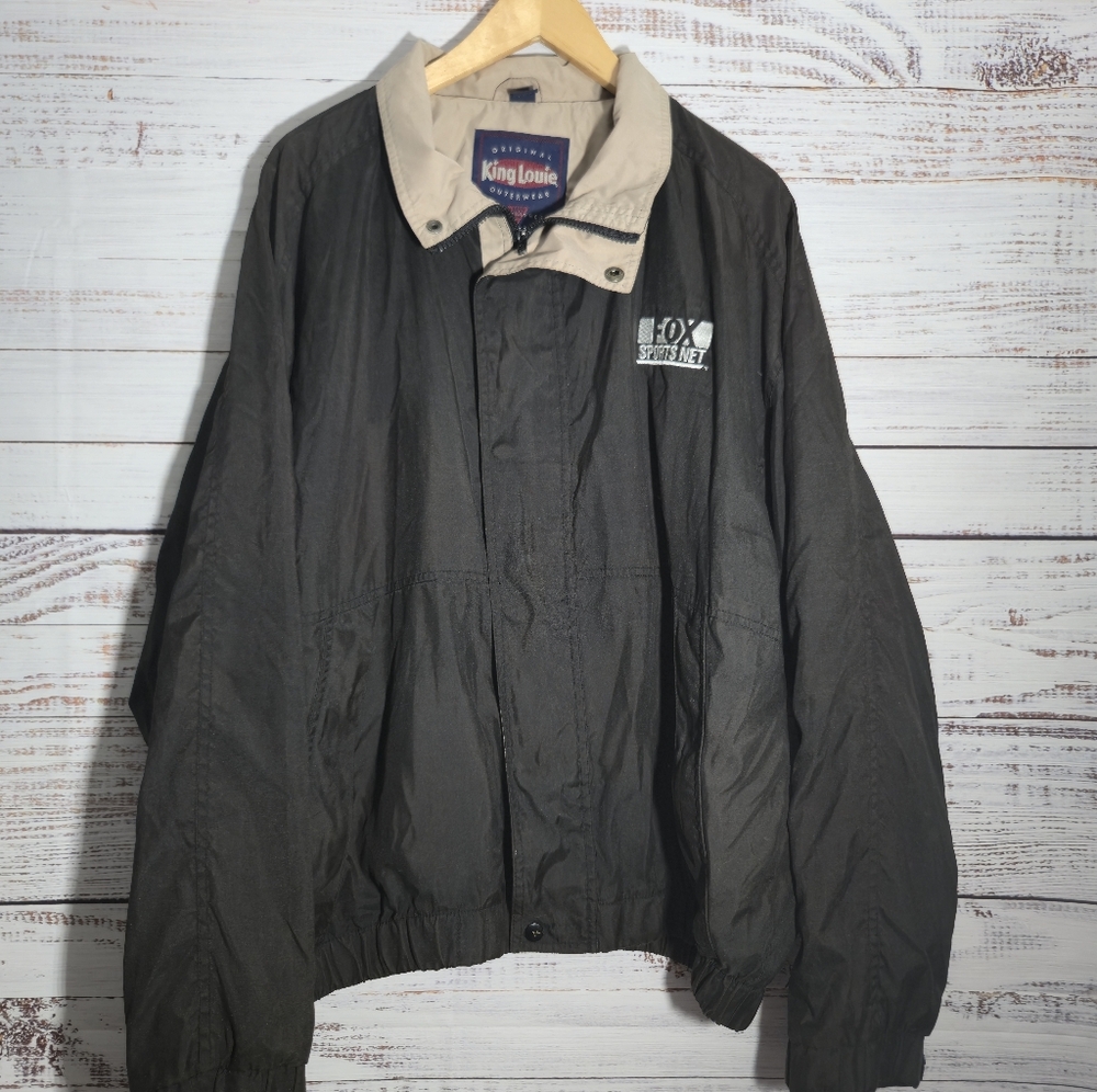 VTG King Louie America Black Bomber Jacket Fox Sports Net Logo Advertising Large